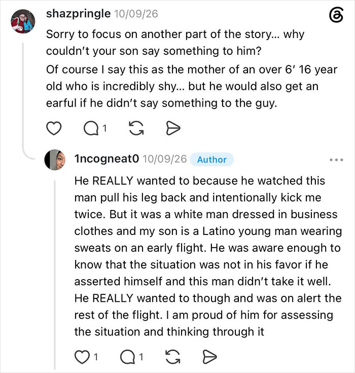 A woman recounts how an entitled man kicked under her seat, explaining her son's reaction.