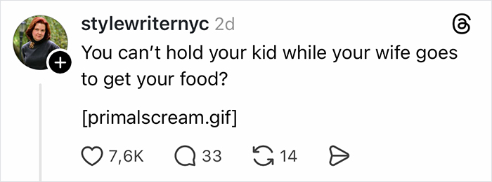 Comment criticizing husband for not holding baby while wife gets food