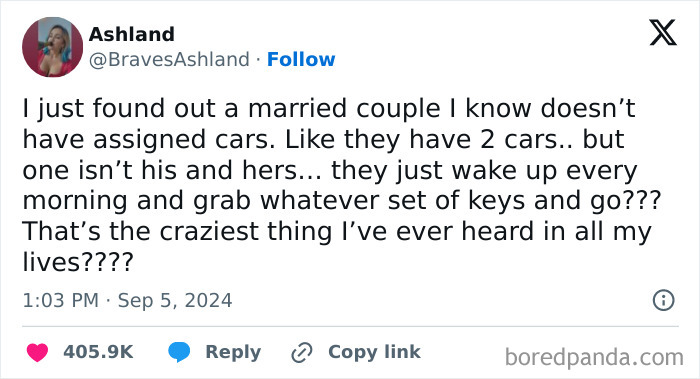 A Twitter post about relationships, sharing a humorous observation about a married couple's car habits.