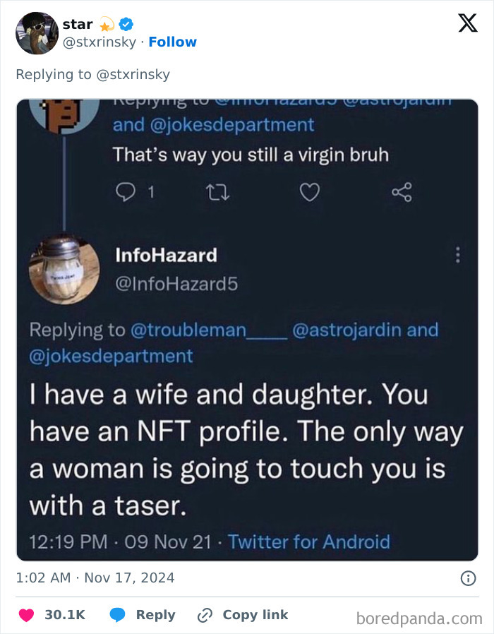 A Twitter exchange with a funny comment section, where one user is told they need a taser to be touched.