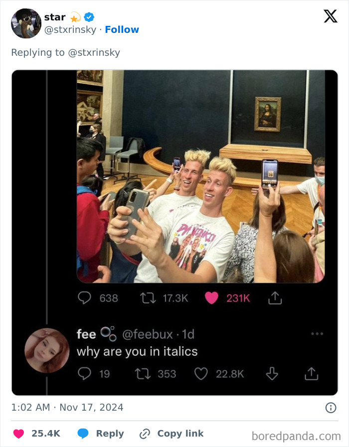 Funny comment section image of two men posing in front of the Mona Lisa, prompting a funny comment.