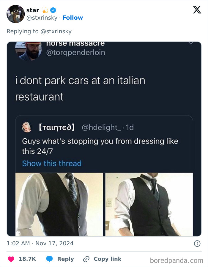 Funny comment section image with a tweet about dressing formally, generating a humorous comment.