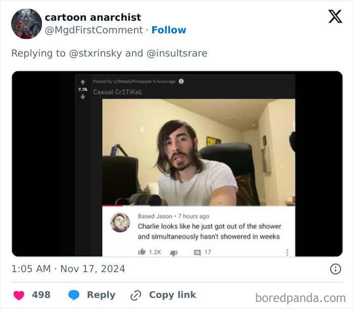 Funny comment section screenshot of a video, showing a witty observation about a man's appearance, funnier than the post.