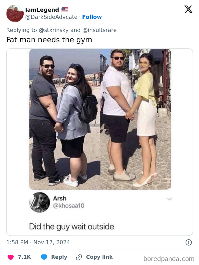 A funny comment section screenshot showing a side-by-side comparison of couples, with a humorous question below. Funnier post.