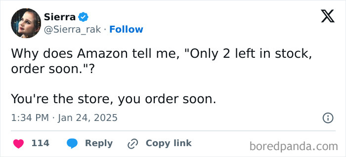 A tweet questioning Amazons 'Only 2 left in stock' message, a hilarious meme about online shopping.