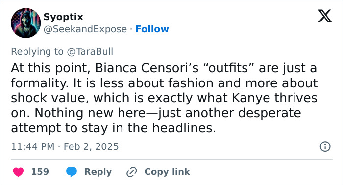 Tweet stating Bianca Censori's outfits focus on shock value with Kanye West
