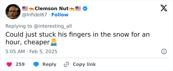 A tweet by Clemson Nut suggesting a cheaper, snowy alternative to the viral fingertip tattoo trend. A tweet by Clemson Nut suggesting a cheaper, snowy alternative to the viral fingertip tattoo trend.