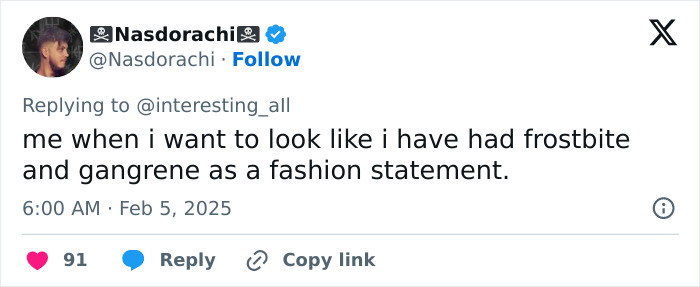 A tweet by Nasdorachi comparing the viral fingertip tattoo trend to frostbite and gangrene. A tweet by Nasdorachi comparing the viral fingertip tattoo trend to frostbite and gangrene.