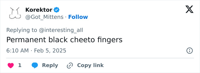 Social media comment joking about the viral fingertip tattoo trend looking like permanent black cheeto fingers. Social media comment joking about the viral fingertip tattoo trend looking like permanent black cheeto fingers.