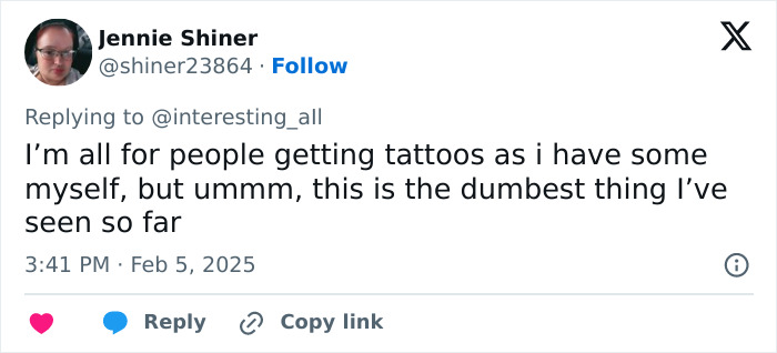 A tweet by Jennie Shiner criticizing the viral fingertip tattoo trend as dumb. A tweet by Jennie Shiner criticizing the viral fingertip tattoo trend as dumb.