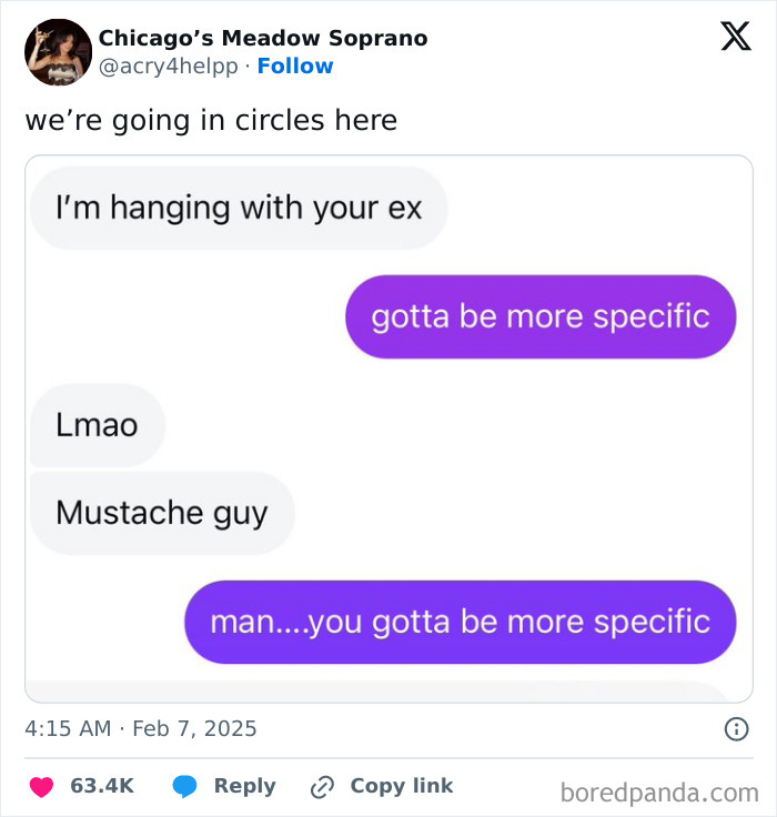 A screenshot of a text message conversation about hanging out with an ex, creating unhinged images.