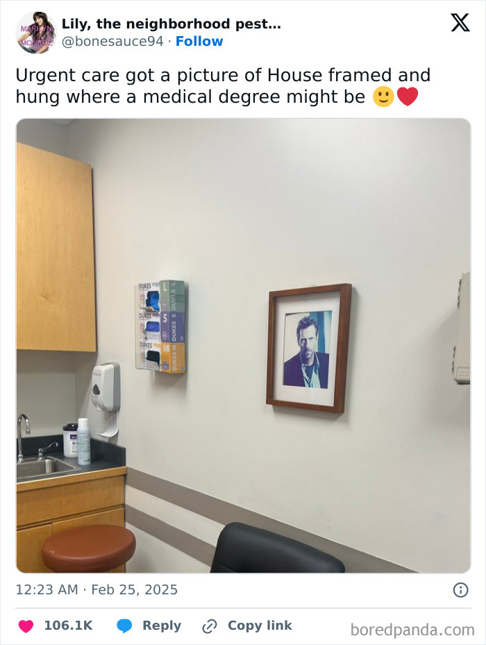 A picture of Hugh Laurie as Dr. House framed in a medical office, an unhinged image.