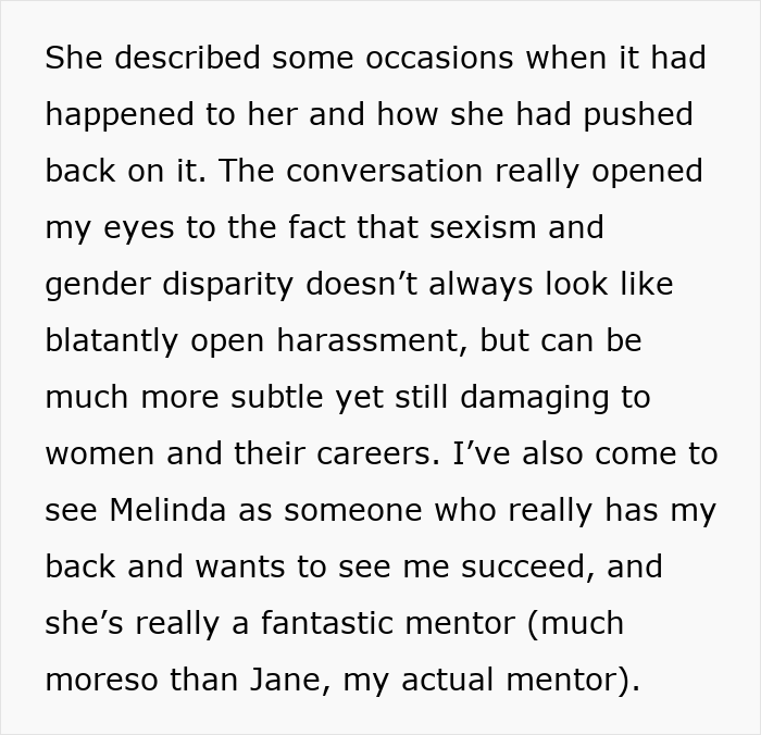 White background with text discussing sexism and gender-biased boss behavior with a mentor White background with text discussing sexism and gender-biased boss behavior with a mentor