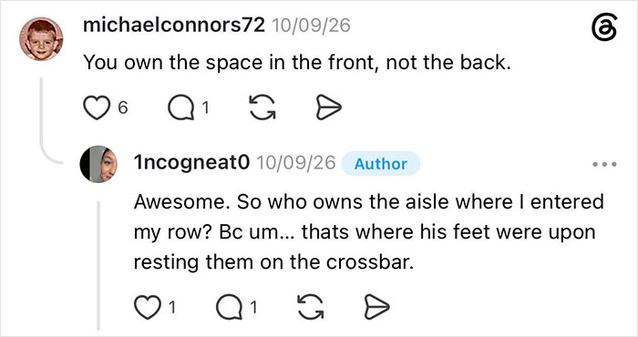 A woman clarifies the space under her seat ownership after an entitled man kicked her.