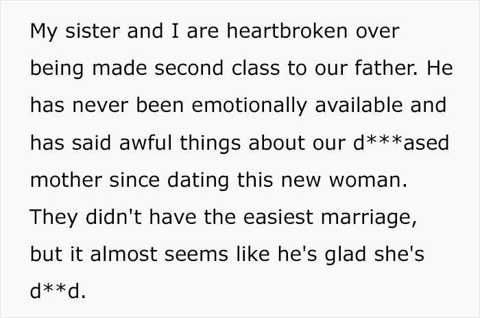 Text expressing the daughters' heartbreak and feeling second-class after their widowed dad remarries and cuts them out of the will. Text expressing the daughters' heartbreak and feeling second-class after their widowed dad remarries and cuts them out of the will.