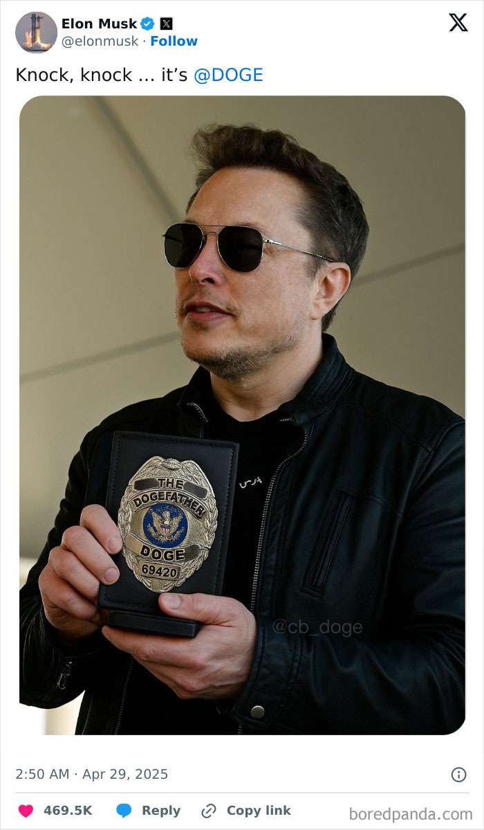 Elon Musk holding up a 'The Dogefather' badge in a tweet, showcasing how cringey people can be sometimes.