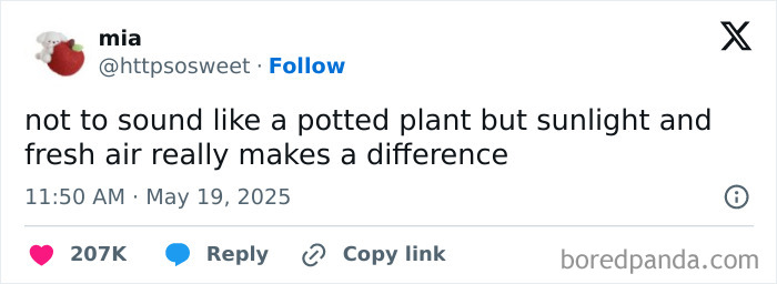A tweet from 'mia' saying 'sunlight and fresh air really makes a difference,' a relatable meme.