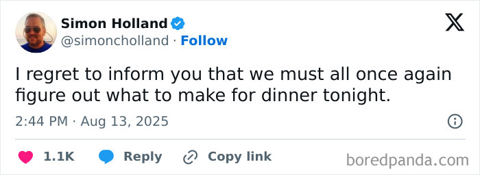 A tweet from Simon Holland regretting dinner decisions, adding to the collection of unhinged funny tweets.