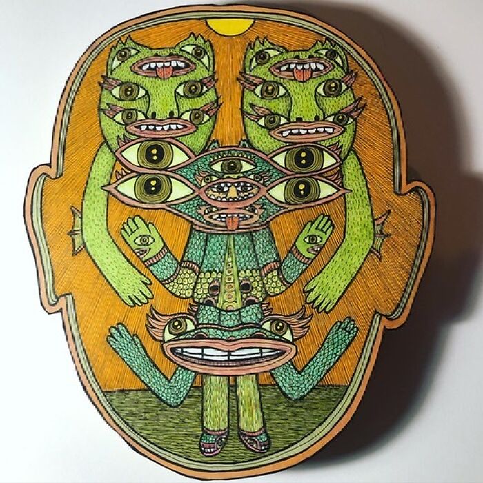 Theo Ellsworth vibrant illustration of a multi-eyed green creature with multiple arms on orange background