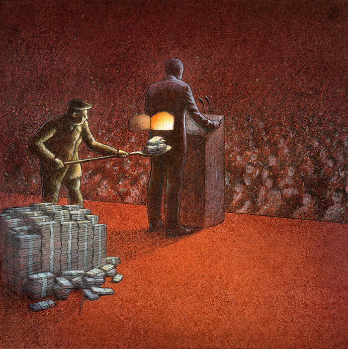 A man speaking at a podium with another man behind him, burning money for a light source. A satirical illustration of modern society.