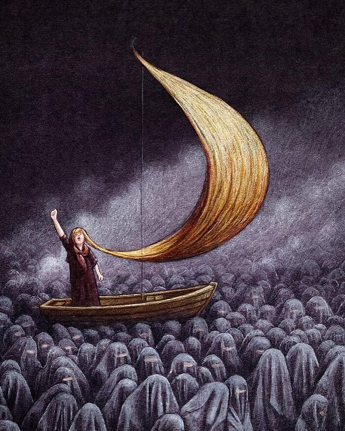 Satirical illustration showing a person in a boat with a crescent moon sail, surrounded by hooded figures, representing modern society themes.