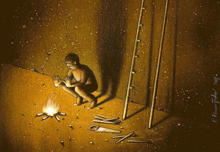 Satirical illustration depicting a person warming hands by a small fire with a ladder nearby, highlighting modern society issues.