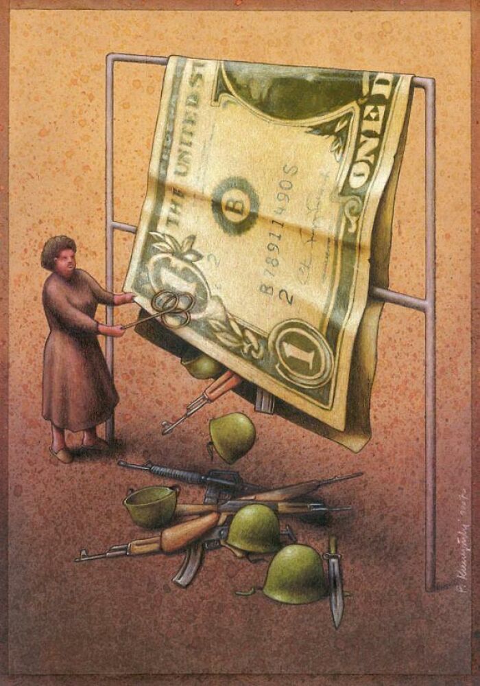 A woman drying a large dollar bill on a clothesline, revealing military weapons underneath. A satirical illustration of modern society.