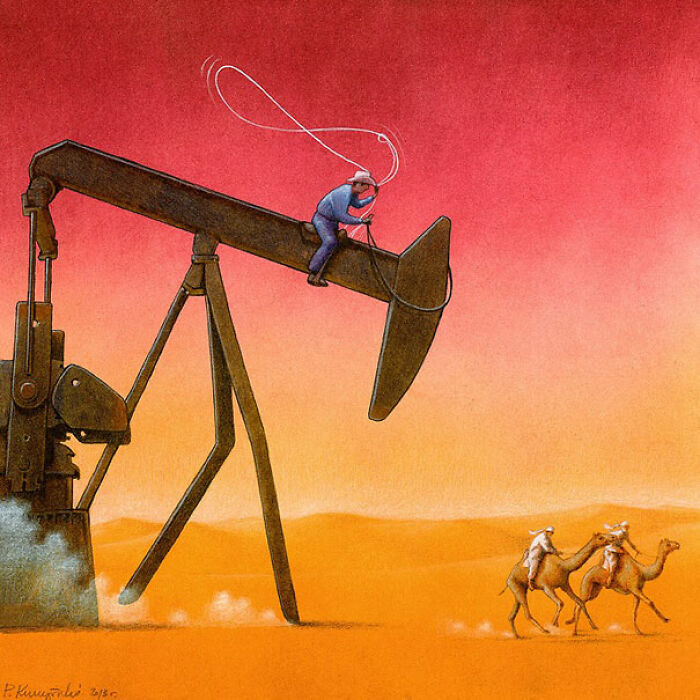 A cowboy riding an oil pump, trying to lasso camels in the desert. A satirical illustration of modern society.