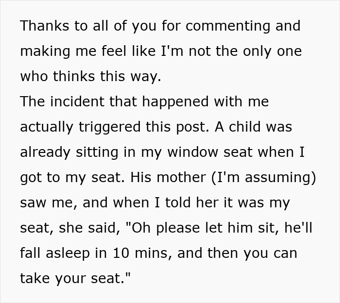 Text detailing an airplane window seat incident where a child was already seated, leading to an aisle seat experience. Text detailing an airplane window seat incident where a child was already seated, leading to an aisle seat experience.