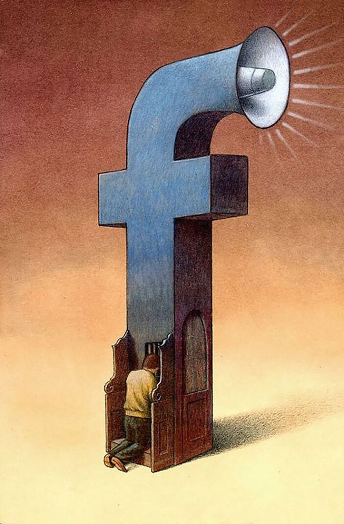 A person kneeling in a confessional box shaped like the Facebook logo, with a megaphone. A satirical illustration of modern society.