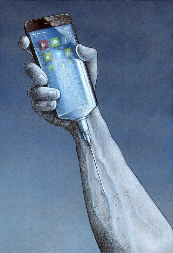 A hand injecting a smartphone, shaped like a syringe, into an arm. A satirical illustration of modern society.