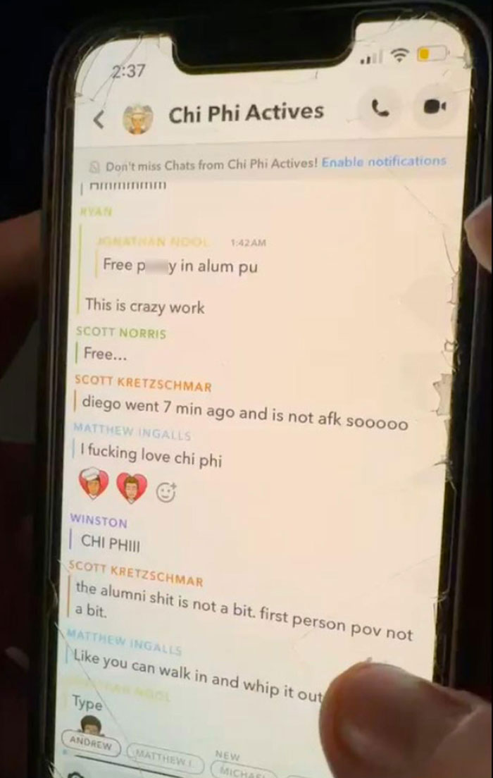 Leaked Snapchat messages from Chi Phi Actives group chat discussing Cornell Fraternity Case. Leaked Snapchat messages from Chi Phi Actives group chat discussing Cornell Fraternity Case.