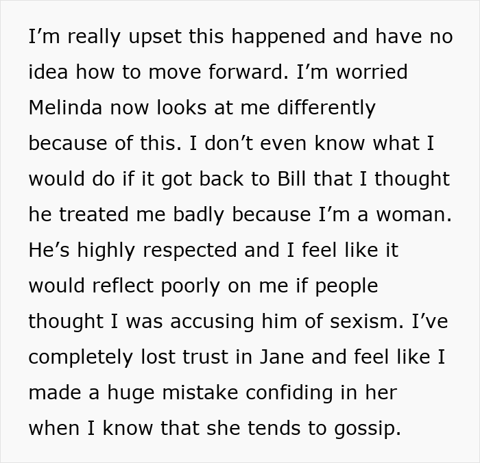 A screen capture of a text explaining a worker's distrust of a mentor who claimed their boss was gender-biased A screen capture of a text explaining a worker's distrust of a mentor who claimed their boss was gender-biased