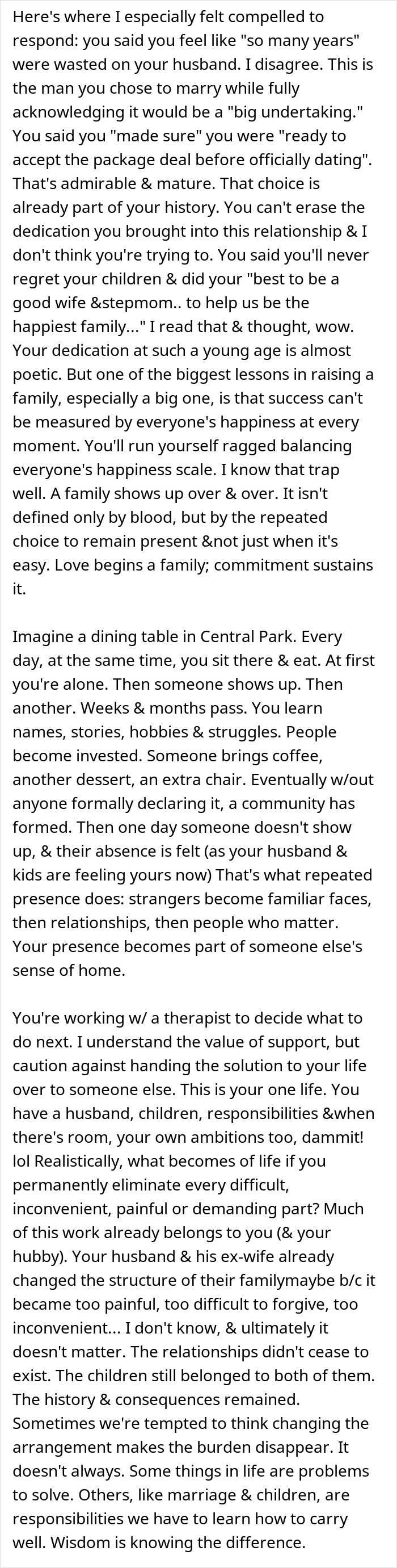 A screenshot of a lengthy forum post offering advice on stepmom marriage and commitment.