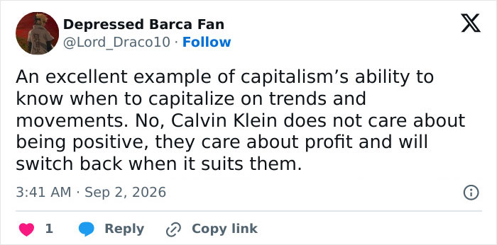 Twitter user commenting on the Calvin Klein ad and its viral comparison to past woke ads. Twitter user commenting on the Calvin Klein ad and its viral comparison to past woke ads.