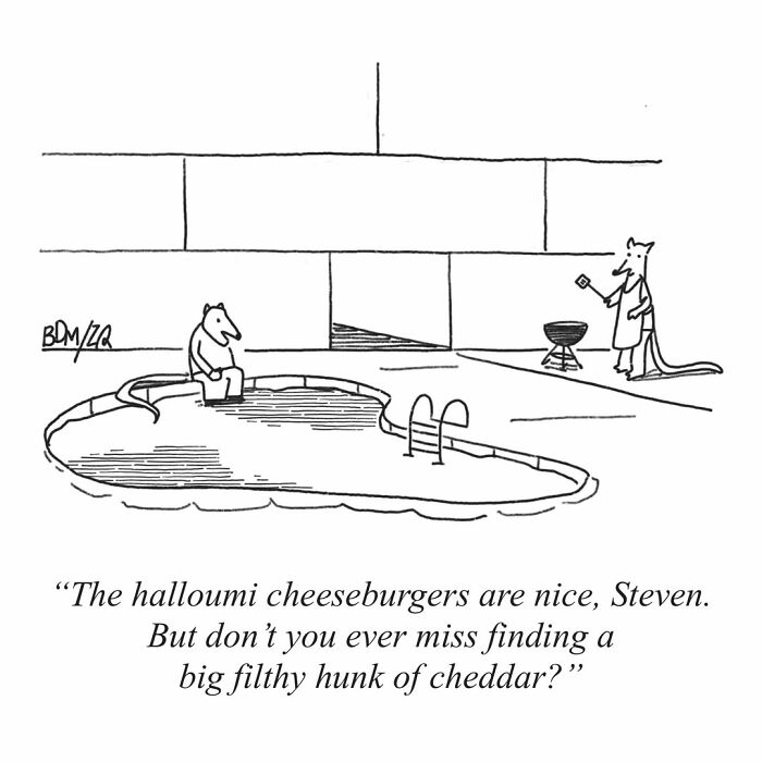 Absurd comics of animal characters by a pool, one grilling and discussing halloumi cheeseburgers.
