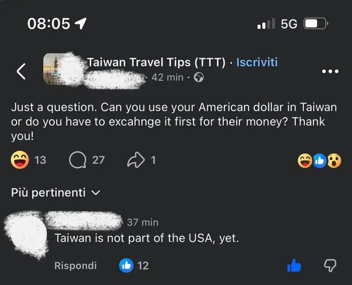 A Facebook post asking if US dollars can be used in Taiwan, with a sarcastic reply stating Taiwan is not part of the USA, showcasing a significant lack of world geography and contributing to the 'stupid nation' idea.