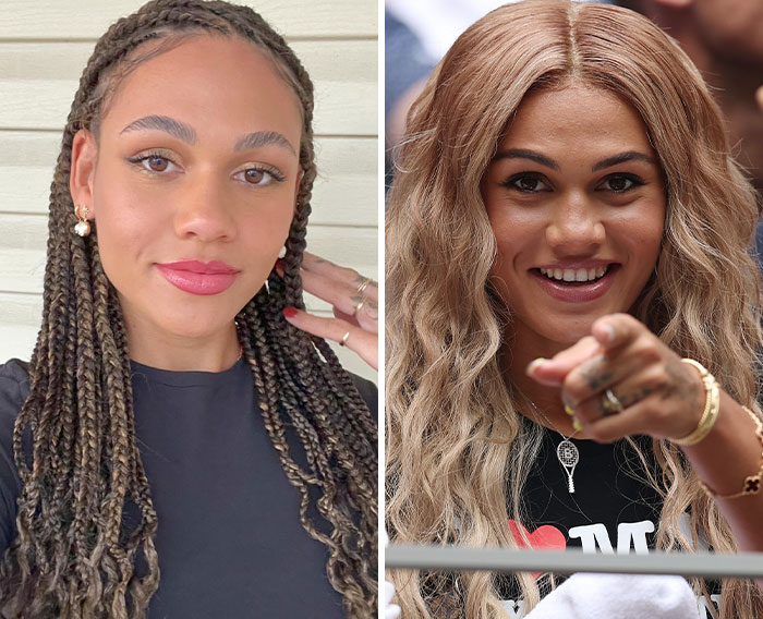 A split image shows a woman with braided hair on the left, and a woman dancing at the US Open on the right.