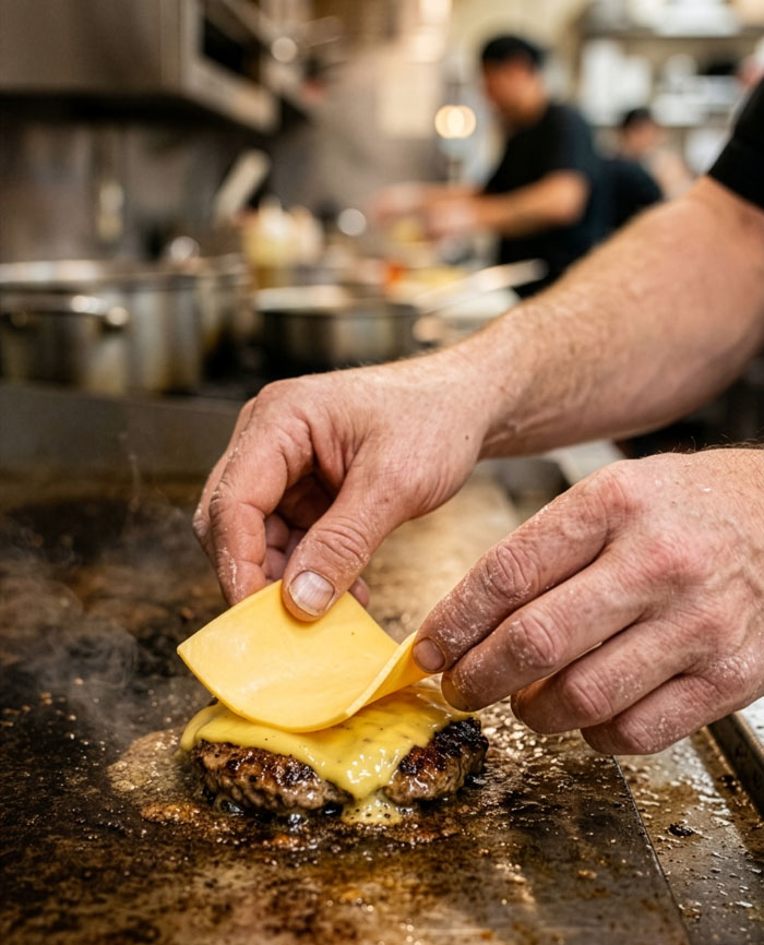 A restaurant worker carefully places a slice of cheese on a sizzling burger, indicating a busy kitchen.