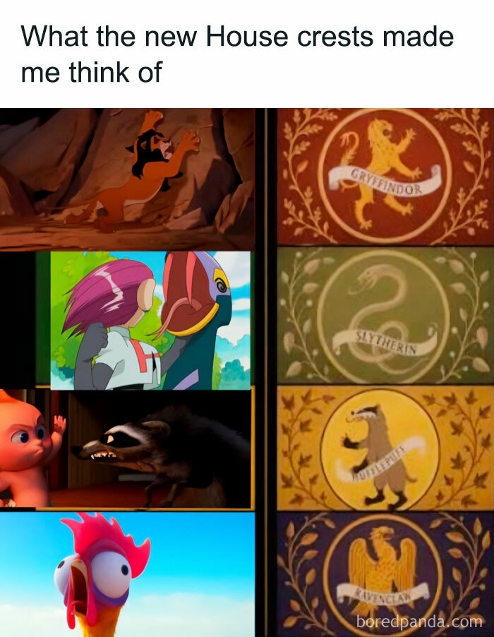 A meme comparing the new Harry Potter series House crests to various animated characters.