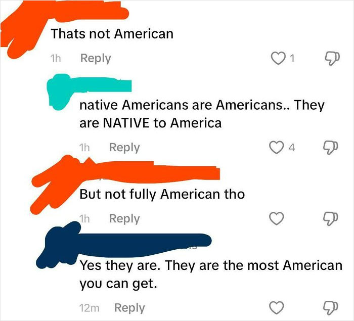 A social media exchange debating whether Native Americans are fully American, illustrating American stupidity.