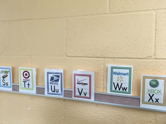 An alphabet line with S for Subway, T for Target, U for USPS, V for Verizon, W for Walmart, and X for Xbox, showcasing a horrid world.