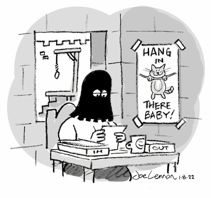 A Joe Lennon comic showing a person in a black hood sitting at a desk, with a noose and a cat poster.