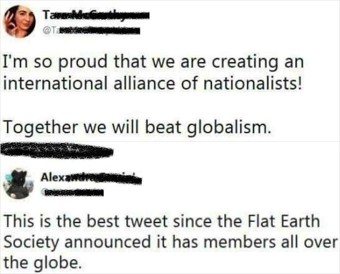 A screenshot from the online group Delusions Of Adequacy showing two tweets about nationalism and globalism.