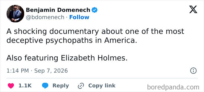 A tweet by Benjamin Domenech discussing a documentary about deceptive psychopaths, mentioning Elizabeth Holmes and Theranos fraud.