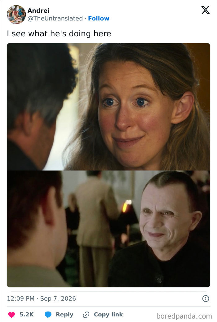 A split image meme contrasting a smiling woman with a creepy smiling man, reflecting Theranos fraud savage memes.