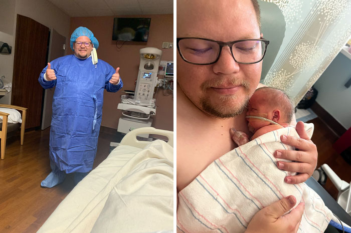 A split image: a man in scrubs gives a thumbs-up, next to a man holding a newborn. Sweet proof they found the right man.