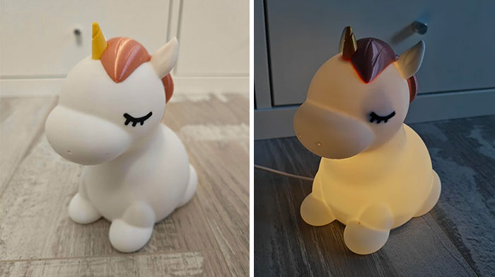 A unicorn night light, unlit and lit, highlighting practical items made with 3D printers.