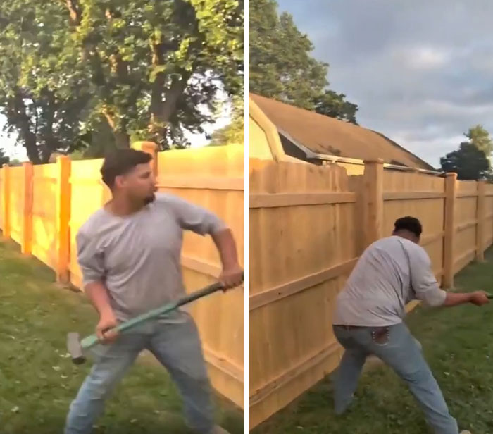A split image shows a fence builder with a hammer, first starting to work on a fence, then removing it, after a male Karen refuses to pay them. A split image shows a fence builder with a hammer, first starting to work on a fence, then removing it, after a male Karen refuses to pay them.