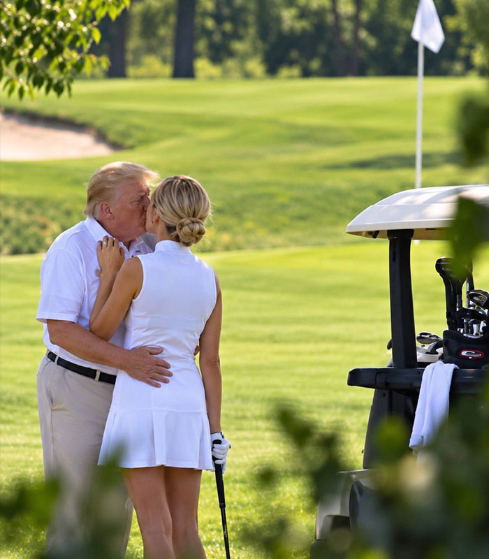 Image appearing to show Trump kissing his assistant Natalie Harp on a golf course.